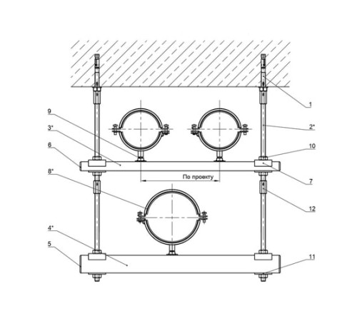 Крепления нескольких трубопроводов к перекрытию в Светлогорске